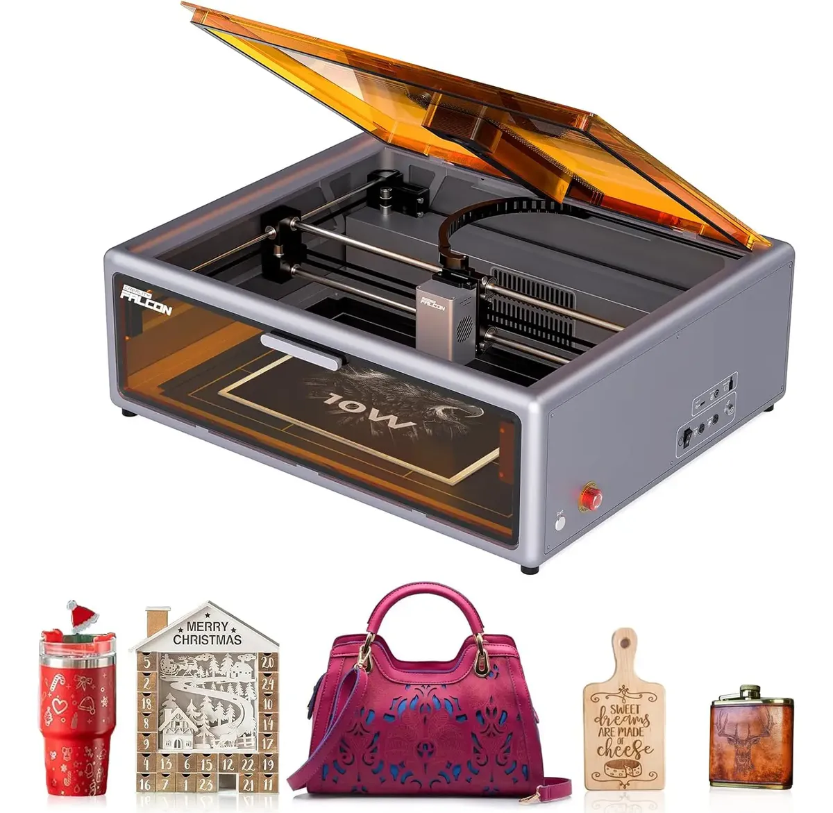 Laser fechada Creality Falcon A1 10W com tampa de proteção laranja aberta