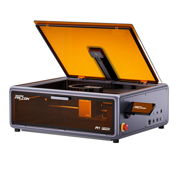 Laser fechada Creality Falcon A1 Pro 20W com tampa de proteção laranja aberta