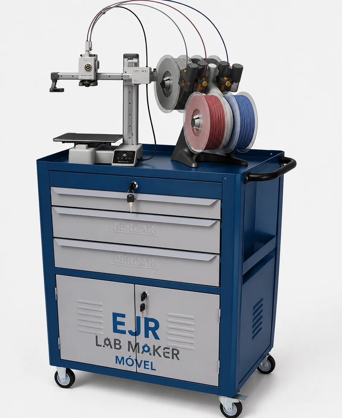 EJR Lab Maker Móvel — carrinho maker com impressora 3D, filamentos, gavetas com chave e rodízios